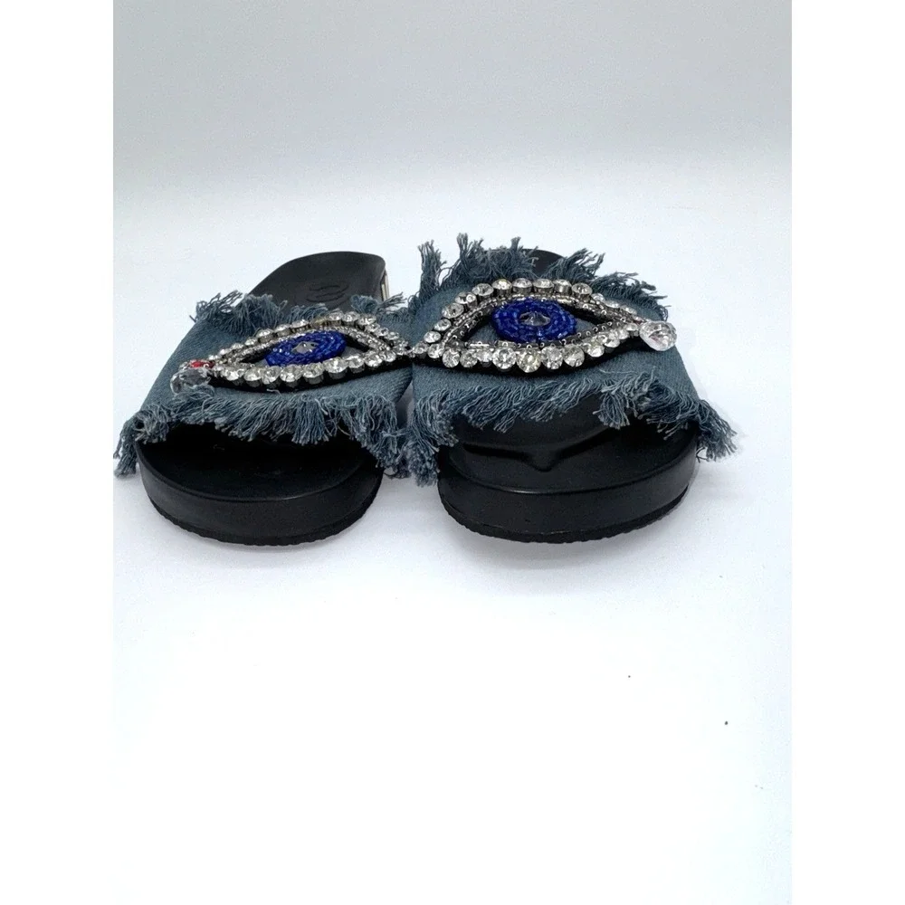 Evil Eye Crystals Rhinestones Beads Blue‎ Denim Fringe Sandals Slides Sz 9